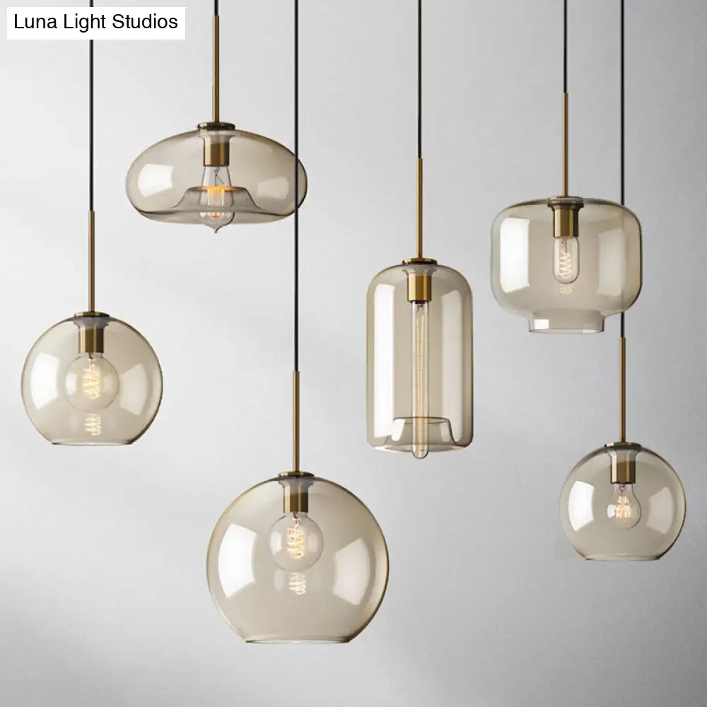 Vintage Cafe Pendant Lamp With Geometric Glass Shade In Brass - 1-Light Hanging Light