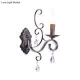 Vintage Candle Wall Lamp With Crystal Accent Black Metal Finish