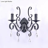Vintage Candle Wall Lamp With Crystal Accent Black Metal Finish