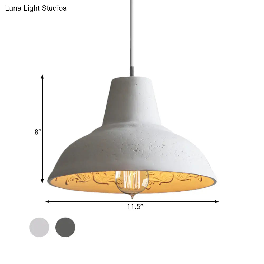 Vintage Cement Hanging Light Fixture - 1-Light Restaurant Ceiling Lamp In White/Grey With Carved