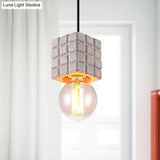 Vintage Cement Square Pendant Light With Bare Bulb For Restaurant Ceiling - Grey