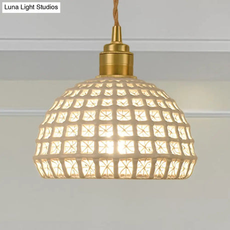 Vintage Ceramic Dome Suspension Lamp With Hollow Out Design Blue/Pink 1-Light Hanging Fixture