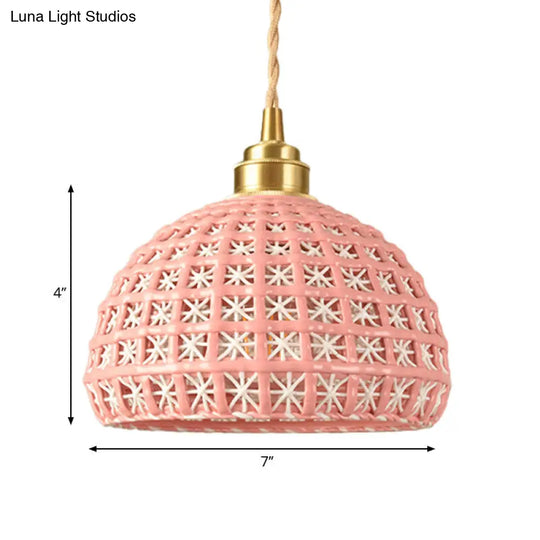 Vintage Ceramic Dome Lamp With Hollow Out Design - Blue/Pink Suspended Light