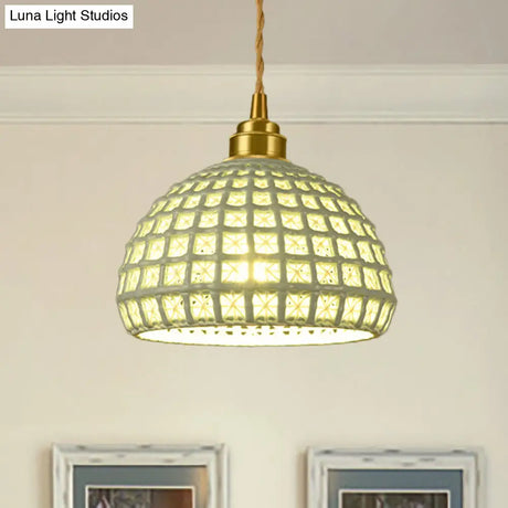 Vintage Ceramic Dome Suspension Lamp With Hollow Out Design Blue/Pink 1-Light Hanging Fixture