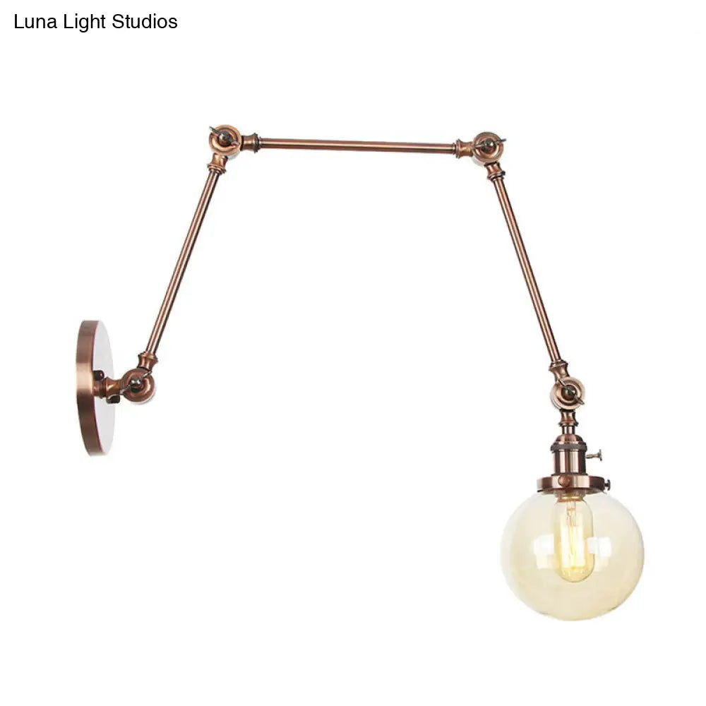 Vintage Chrome/Copper/Bronze Orb Wall Sconce Lamp - Clear/Amber Glass Adjustable Arm 1 Light Ideal