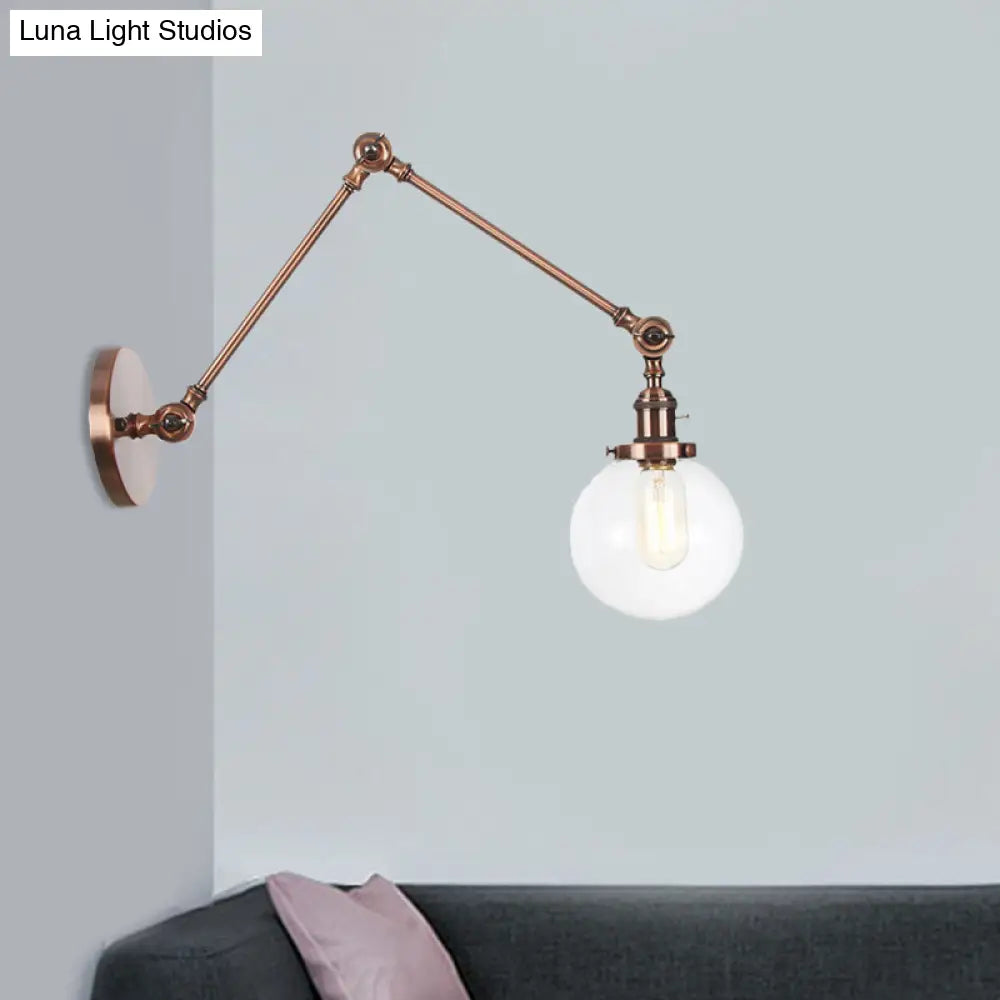 Vintage Chrome/Copper/Bronze Orb Wall Sconce Lamp - Clear/Amber Glass Adjustable Arm 1 Light Ideal