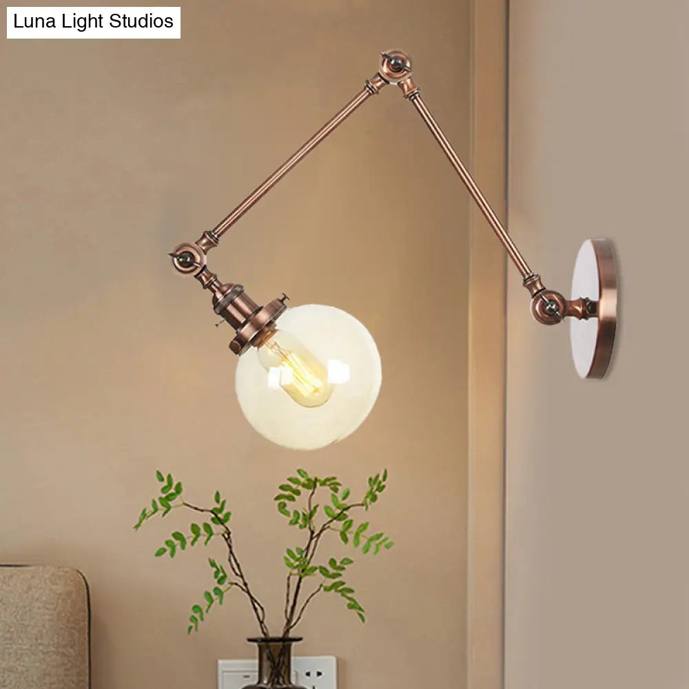 Vintage Chrome/Copper/Bronze Orb Wall Sconce Lamp - Clear/Amber Glass Adjustable Arm 1 Light Ideal