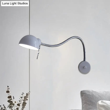 Vintage Chrome/White Metallic Wall Lamp With Flexible Arm And Dome Shade Perfect Bedside Sconce
