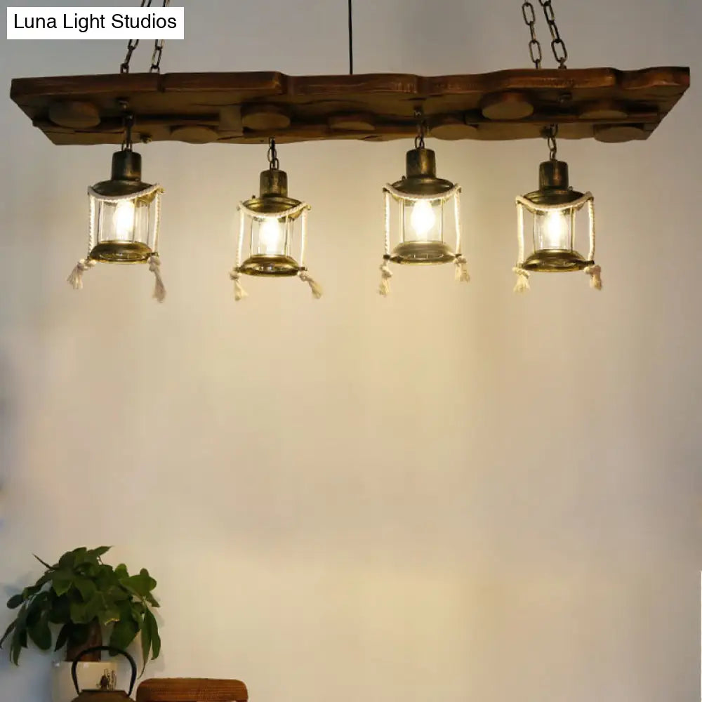 Vintage Clear Glass Kerosene Chandelier: Dark Wood Island Lamp With 4 Lights