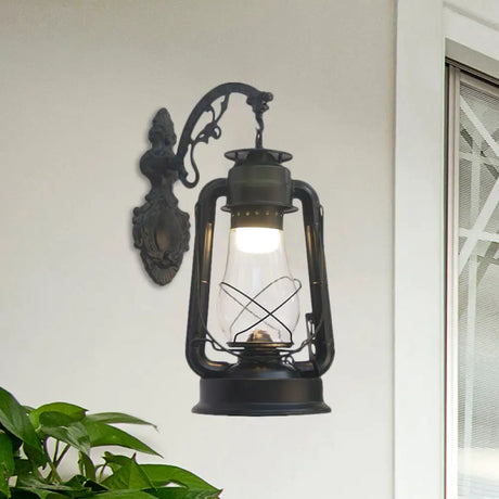 Vintage Clear Glass Lantern Wall Sconce For Outdoor Lighting With Single Bulb In Black/Bronze/Copper