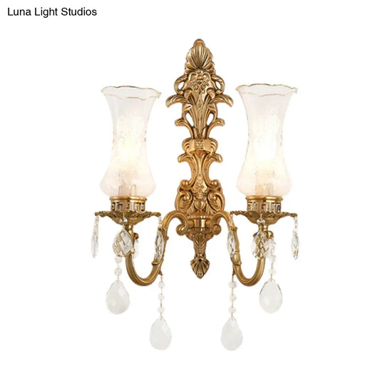 Vintage Clear Glass Vase Wall Sconce Light With Brass Frame & Crystal Décor - 2 Bulbs Ideal For