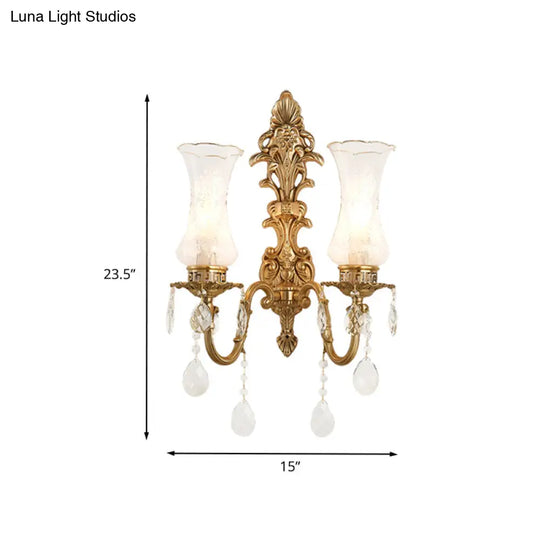 Vintage Clear Glass Vase Wall Sconce Light With Brass Frame & Crystal Décor - 2 Bulbs Ideal For