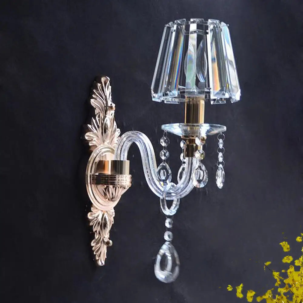 Vintage Clear Prismatic Crystal Cone Wall Lamp - Family Room Light Fixture With Curved Tube Glass