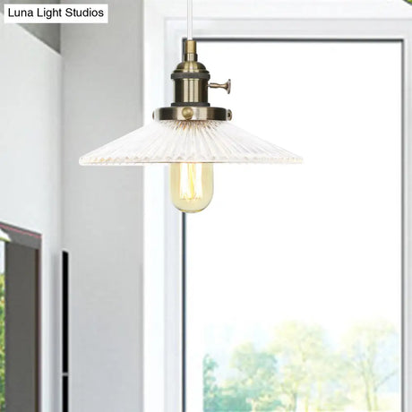 Vintage Clear Ribbed Glass Saucer Pendant Lighting For Coffee Shops - Black/Bronze/Brass Finish