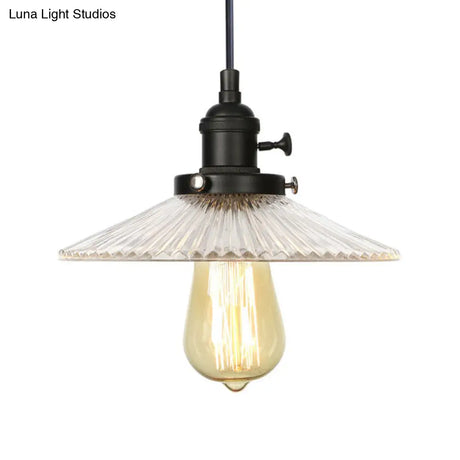 Vintage Clear Ribbed Glass Saucer Pendant Lighting For Coffee Shops - Black/Bronze/Brass Finish