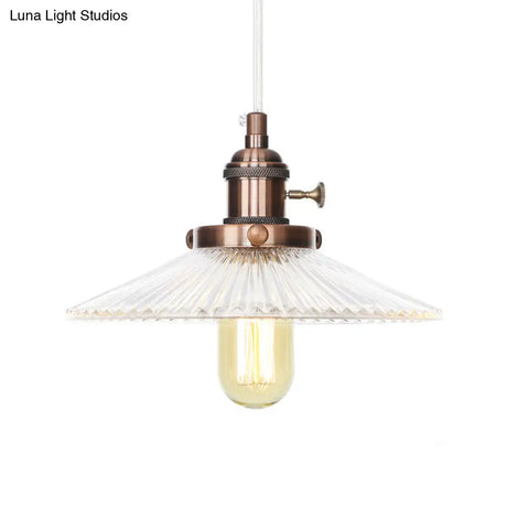 Vintage Clear Ribbed Glass Saucer Pendant Lighting For Coffee Shops - Black/Bronze/Brass Finish