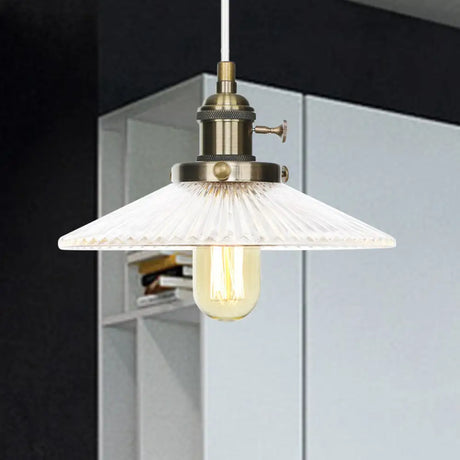 Vintage Clear Ribbed Glass Saucer Pendant Lighting For Coffee Shops - Black/Bronze/Brass Finish