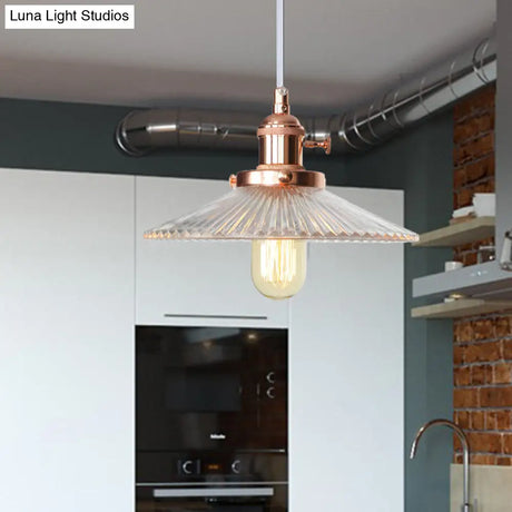 Vintage Clear Ribbed Glass Saucer Pendant Lighting For Coffee Shops - Black/Bronze/Brass Finish