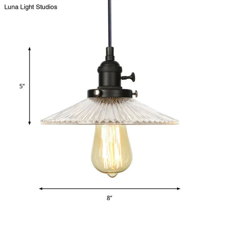 Vintage Clear Ribbed Glass Saucer Pendant Lighting For Coffee Shops - Black/Bronze/Brass Finish