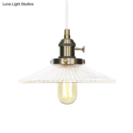 Vintage Clear Ribbed Glass Saucer Pendant Lighting For Coffee Shops - Black/Bronze/Brass Finish