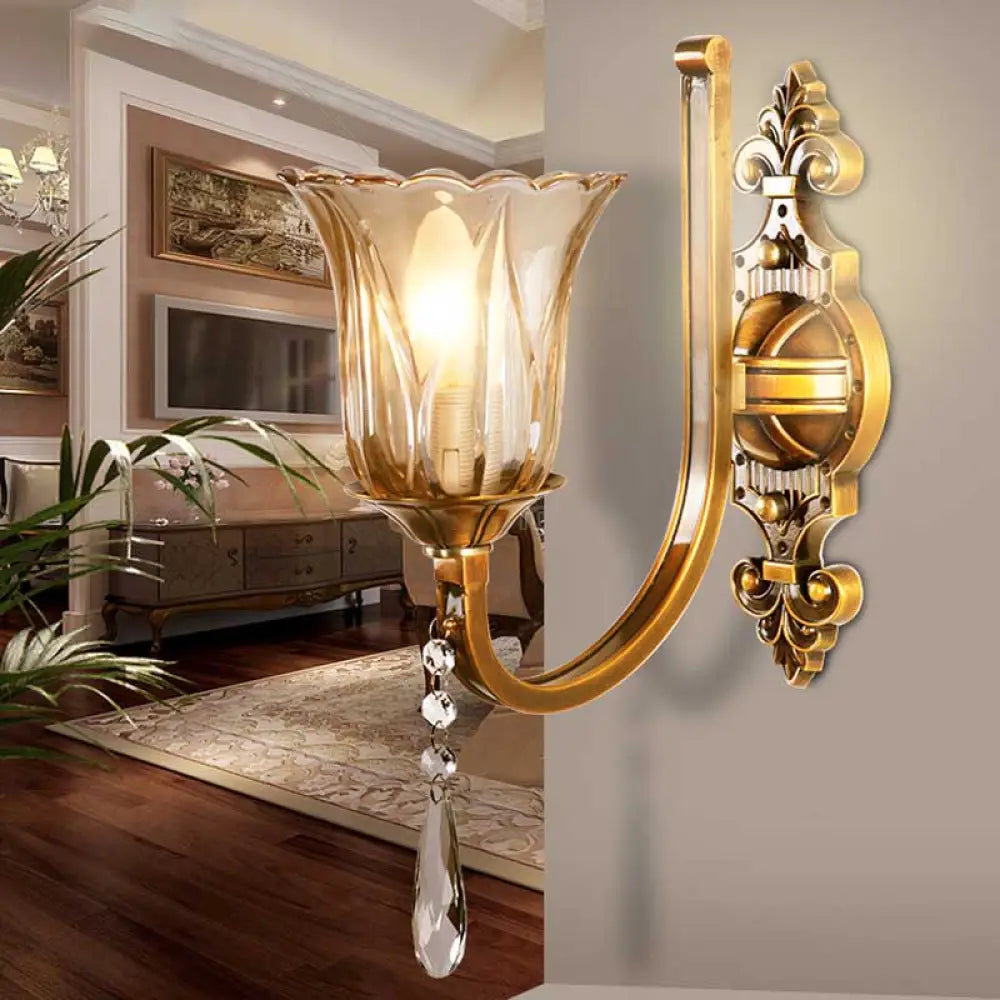 Vintage Cognac Glass Flower Wall Light With Brass Sconce Crystal Drop - 1/2 Heads 1 /
