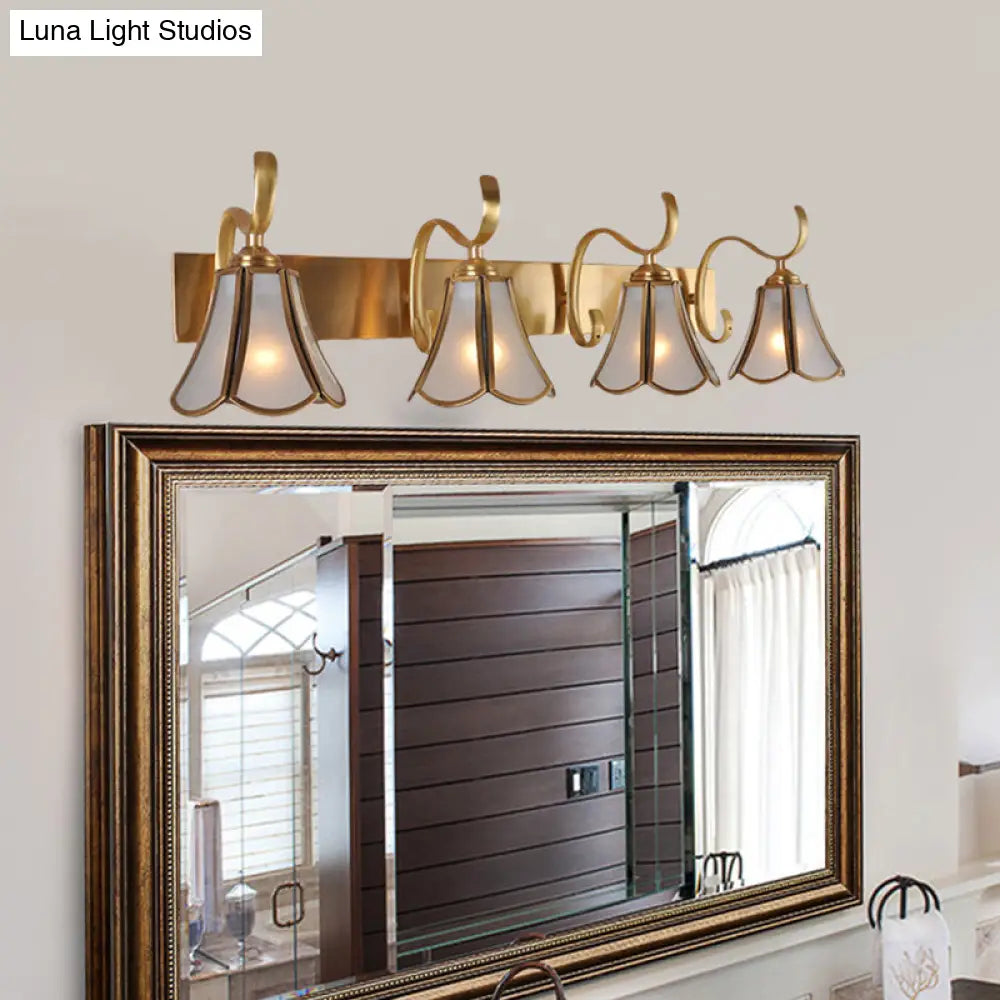 Vintage Colonial Floral Vanity Mirror Light: 4-Bulb Frosted Glass Sconce Wall Lighting In Gold