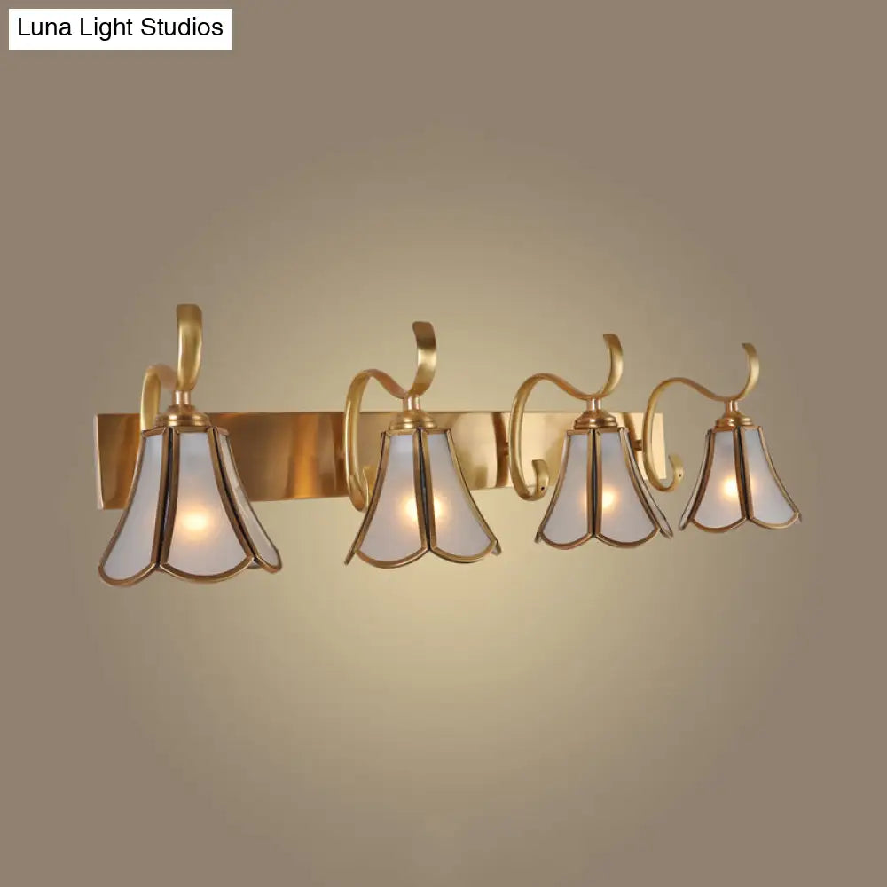 Vintage Colonial Floral Vanity Mirror Light: 4-Bulb Frosted Glass Sconce Wall Lighting In Gold