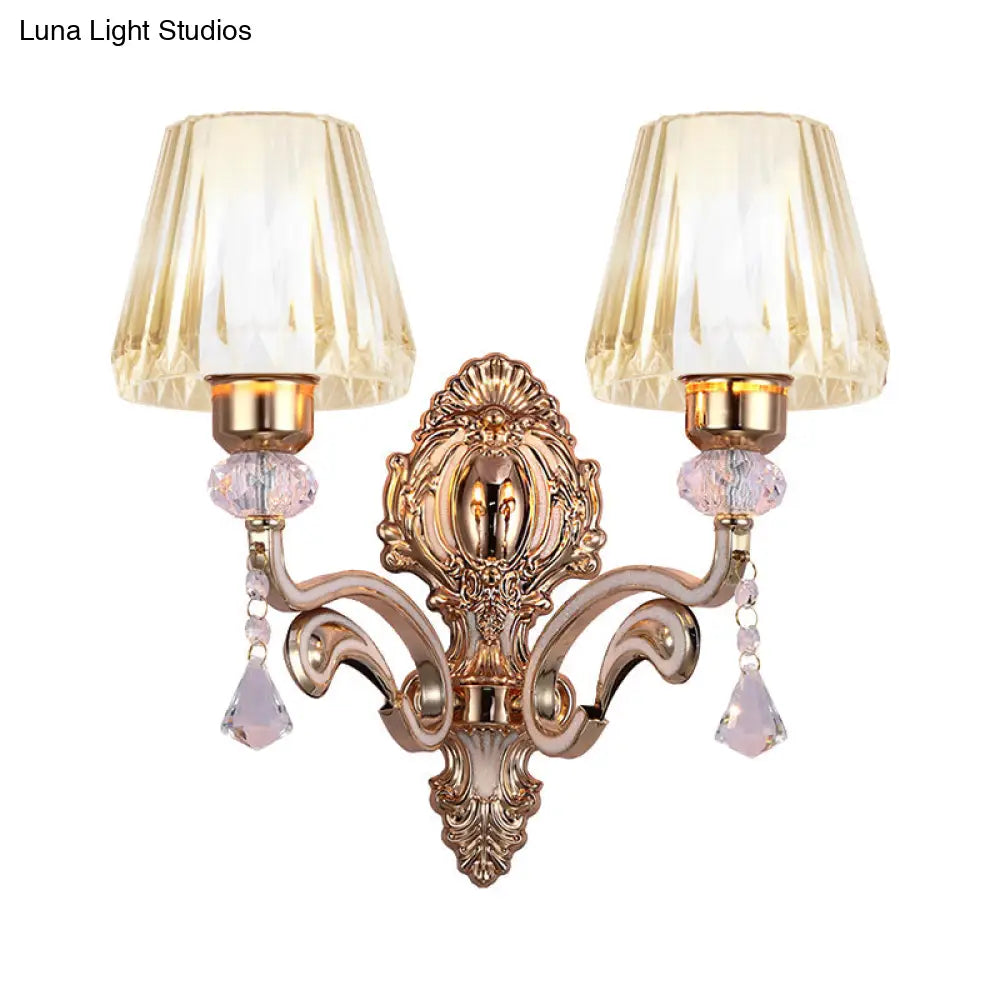 Vintage Cone Wall Lamp - Metal 2-Light Brass Sconce With Clear Glass Shade And Crystal Accent