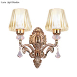 Vintage Cone Wall Lamp - Metal 2-Light Brass Sconce With Clear Glass Shade And Crystal Accent