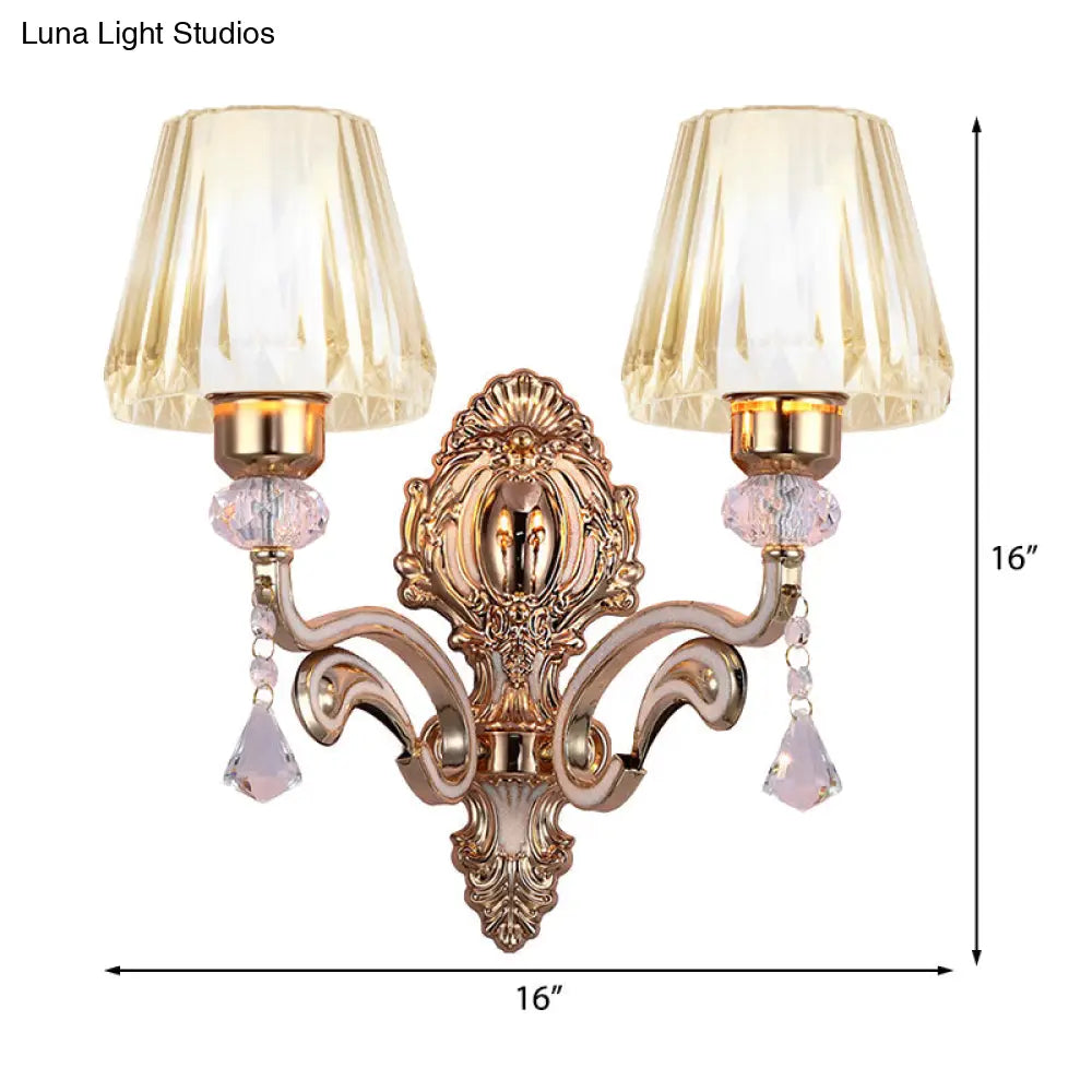 Vintage Cone Wall Lamp - Metal 2-Light Brass Sconce With Clear Glass Shade And Crystal Accent