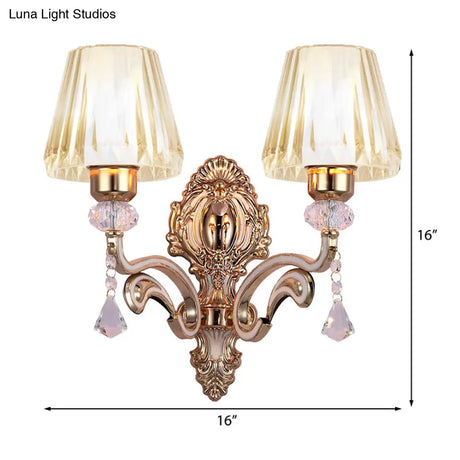 Vintage Cone Wall Lamp - Metal 2-Light Brass Sconce With Clear Glass Shade And Crystal Accent