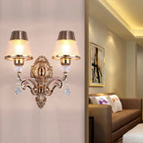 Vintage Cone Wall Lamp - Metal 2-Light Brass Sconce With Clear Glass Shade And Crystal Accent / A