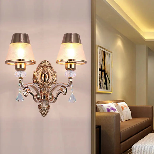 Vintage Cone Wall Lamp - Metal 2-Light Brass Sconce With Clear Glass Shade And Crystal Accent / A