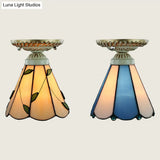 Vintage Conic Stained Glass Ceiling Light In Blue/Beige For Hallway