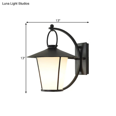 Vintage Conical Opal Glass Wall Mount Light - 1-Head Courtyard Lighting With Arc Arm Black/Brass