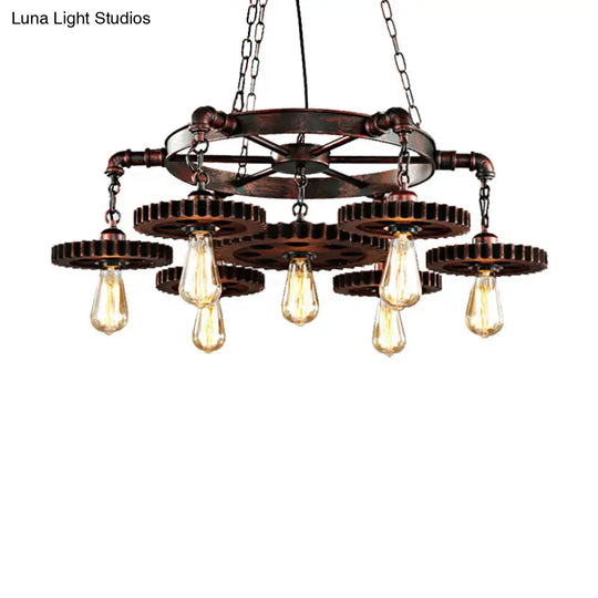 Antique Copper 7-Light Chandelier: Retro Industrial Metal Gear Pendant Lamp