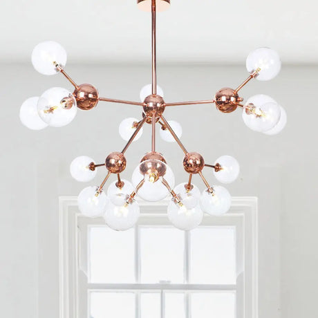 Vintage Copper Chandelier With Clear/Amber Glass Orb Shades - 3/9/12 Lights Branch Design