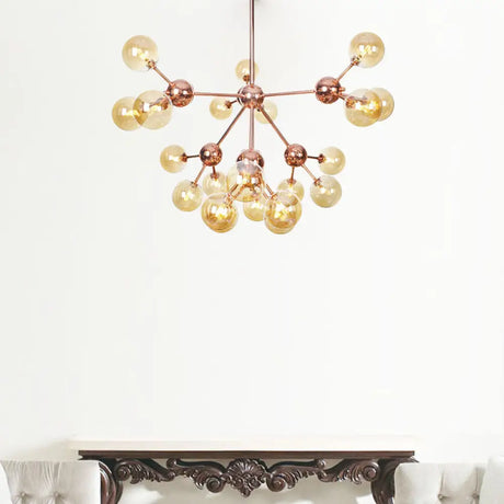 Vintage Copper Chandelier With Clear/Amber Glass Orb Shades - 3/9/12 Lights Branch Design