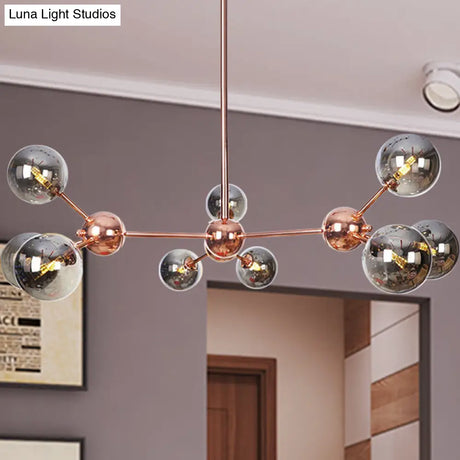 Vintage Copper Chandelier With Clear/Amber Glass Orb Shades - 3/9/12 Lights Branch Design
