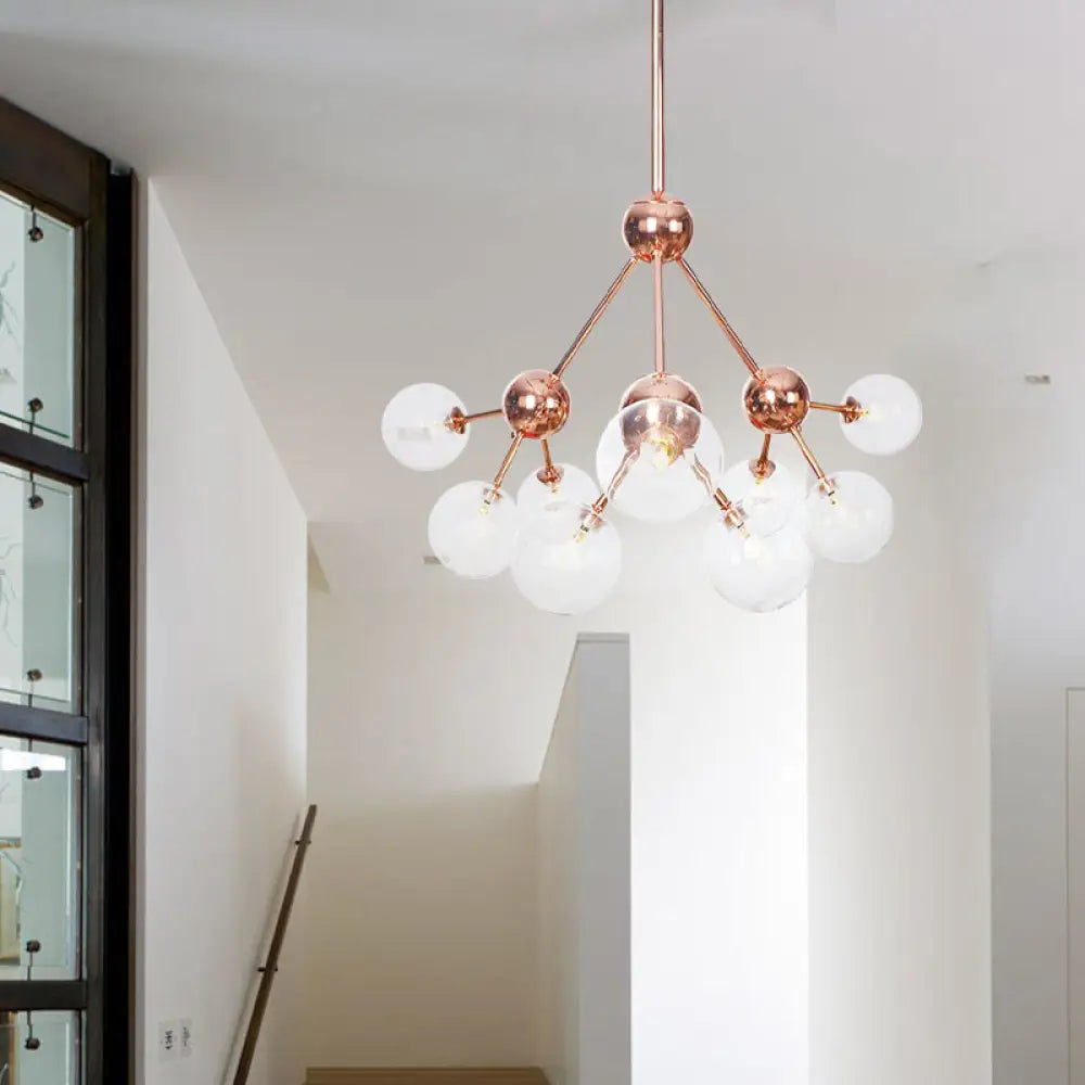 Vintage Copper Chandelier With Clear/Amber Glass Orb Shades - 3/9/12 Lights Branch Design