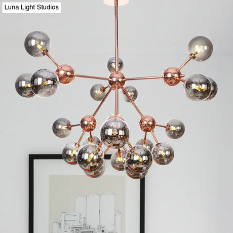 Vintage Copper Chandelier With Clear/Amber Glass Orb Shades - 3/9/12 Lights Branch Design