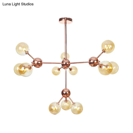 Vintage Copper Chandelier With Clear/Amber Glass Orb Shades - 3/9/12 Lights Branch Design
