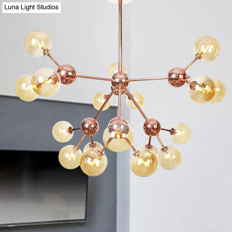 Vintage Copper Chandelier With Clear/Amber Glass Orb Shades - 3/9/12 Lights Branch Design