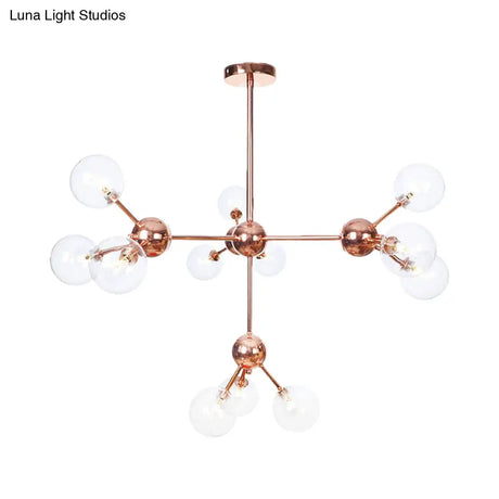 Vintage Copper Chandelier With Clear/Amber Glass Orb Shades - 3/9/12 Lights Branch Design