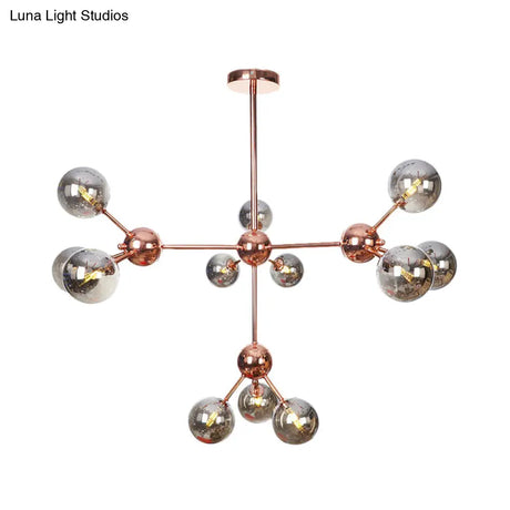 Vintage Copper Chandelier With Clear/Amber Glass Orb Shades - 3/9/12 Lights Branch Design