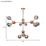Vintage Copper Chandelier With Clear/Amber Glass Orb Shades - 3/9/12 Lights Branch Design
