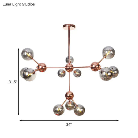 Vintage Copper Chandelier With Clear/Amber Glass Orb Shades - 3/9/12 Lights Branch Design