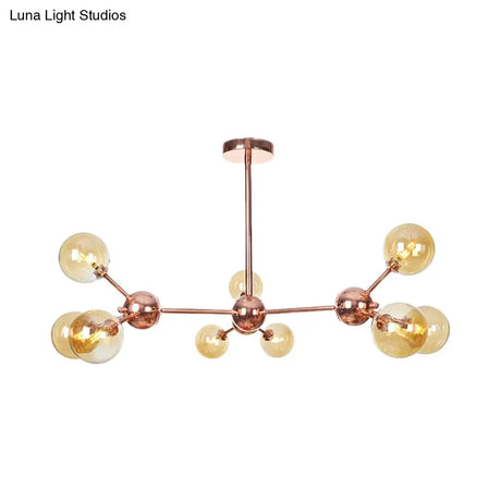 Vintage Copper Chandelier With Clear/Amber Glass Orb Shades - 3/9/12 Lights Branch Design