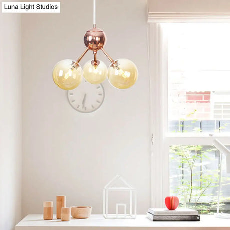 Vintage Copper Chandelier With Clear/Amber Glass Orb Shades - 3/9/12 Lights Branch Design