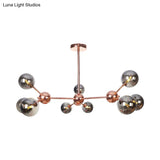 Vintage Copper Chandelier With Clear/Amber Glass Orb Shades - 3/9/12 Lights Branch Design